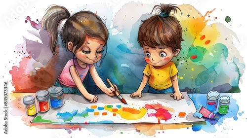 Two cute and playful chibi style cartoon children are engaged in creating a vibrant  colorful mural on a large sheet of paper during their art class