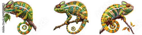 An Exquisite Display: The Blue and Yellow Panther Chameleon Stands Out Against a Clean White Background