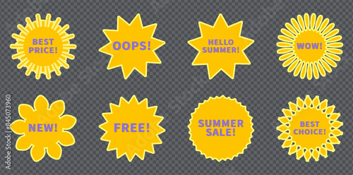 Yellow stickers promo set. Vector collection of flat starburst with promotion text oops, free, summer sale, wow, best price, choice, new. Retro 70s or 80s discount badge, sunray promotional element.