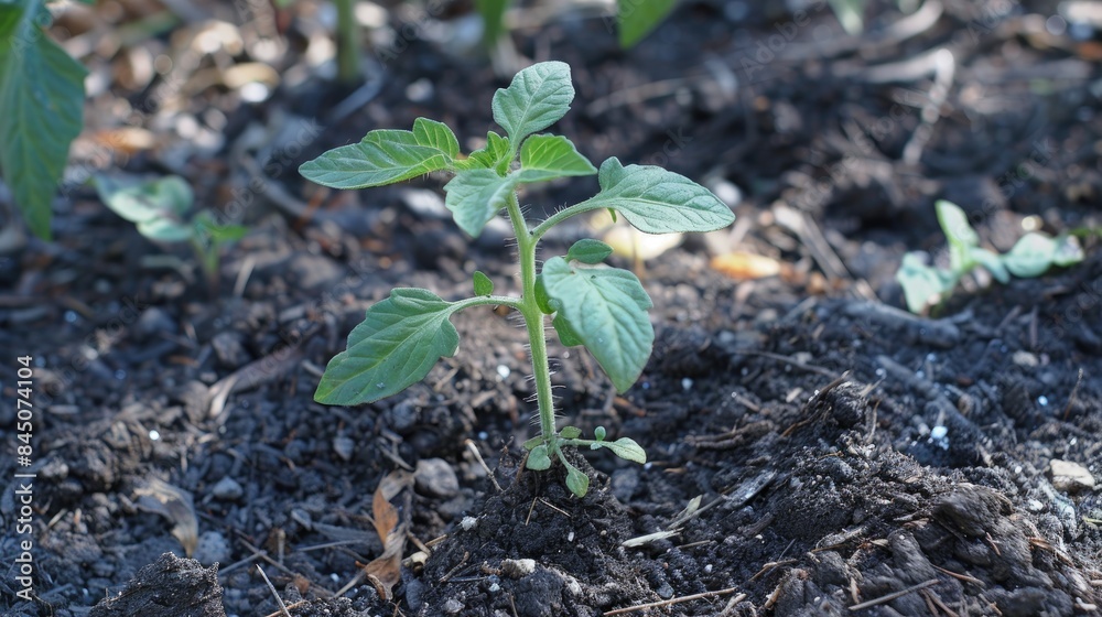 Seedling with green tomato foliage emerging from the ground Seedling with green tomato foliage emerging from the ground