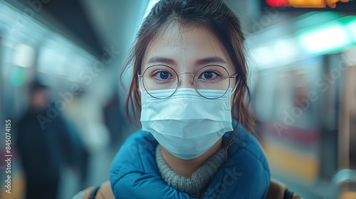 Young Woman in Subway with Face Mask. Close-up of a young woman wearing a face mask and glasses, standing in a subway station, with a blurred background.