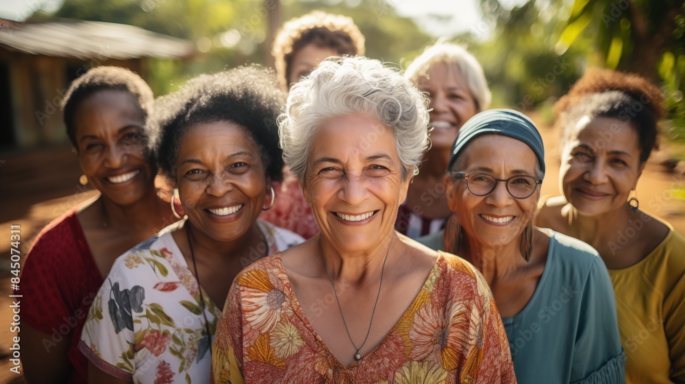 Obraz premium Senior Women Bonding Outdoors in Nature. Diverse group of elderly women smiling and bonding in a natural outdoor setting, enjoying each other's company and nature.
