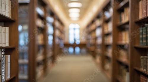 Blurred public library bookstore interior space, blurry storage room with bookshelves by defocused effect. Education training concept macro background