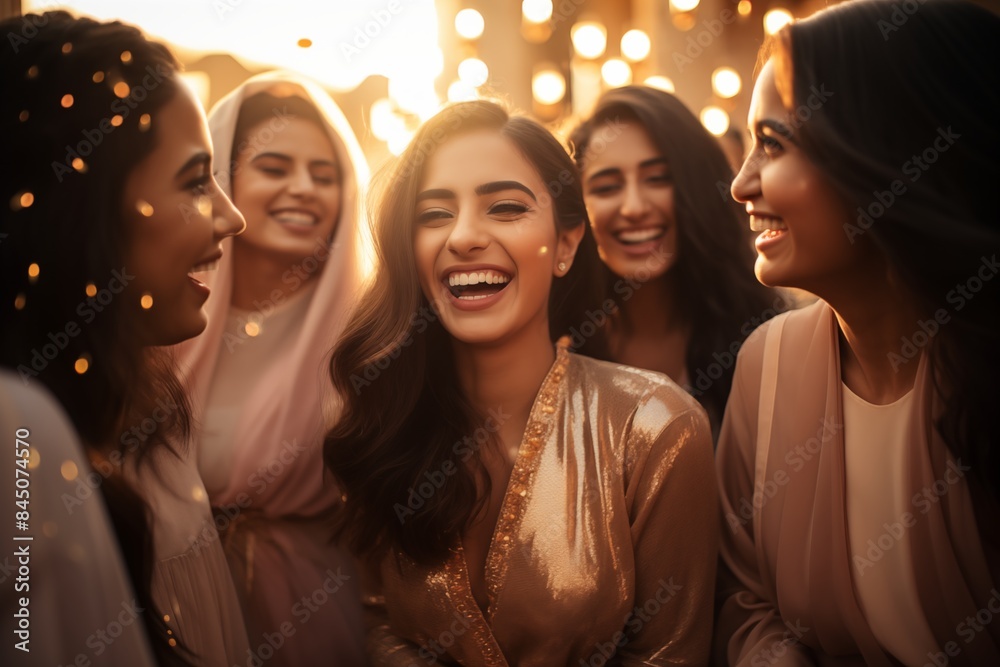 Fototapeta premium Young Saudi Women Laughing Together. Group of young Saudi women laughing and enjoying each other's company, dressed in elegant traditional attire under warm, festive lighting.