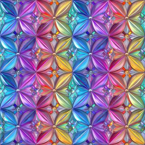 Rainbow Pearlescent Designs with Intricate Geometric Shapes with Circles Forming 4-Point Stars. Seamless Repeatable Background.