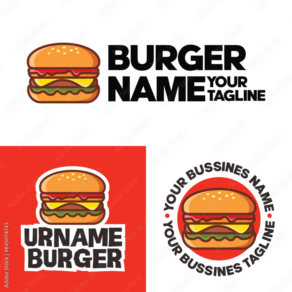 Burger logo vector illustration, isolated on white and red background Burger logo vector illustration, isolated on white and red background