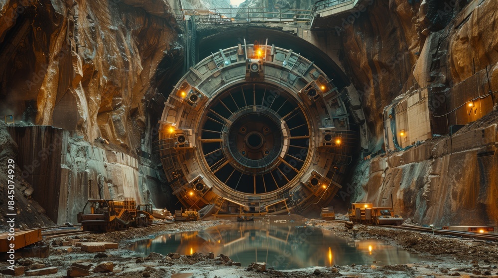 Fototapeta premium Tunnel Boring Machine at Work Underground. Tunnel boring machine (TBM) operating in an underground construction site, surrounded by rugged and industrial materials.