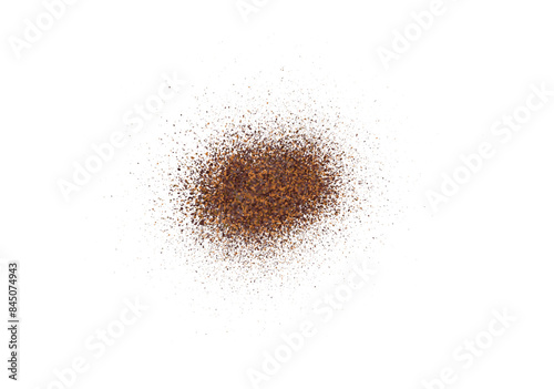 Coffee or chocolate powder, flying dust particles. Coffee colored dust grain texture isolated on white background. Crushed granules of sand or brown cane sugar. Vector illustration of spilled powder.