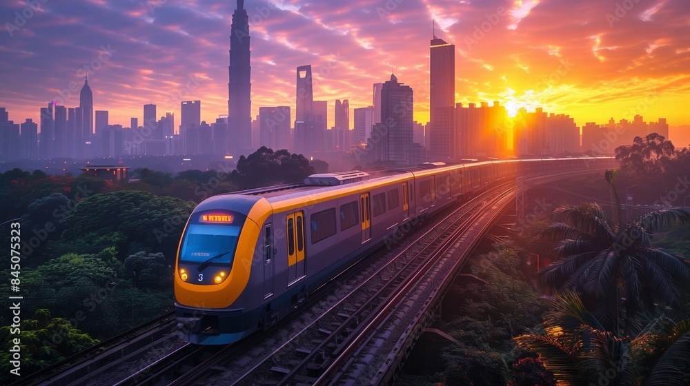Sunset Cityscape with High-speed Train. High-speed train traveling through a cityscape at sunset, featuring a stunning urban skyline and modern transportation infrastructure. Sunset Cityscape with High-speed Train. High-speed train traveling through a cityscape at sunset, featuring a stunning urban skyline and modern transportation infrastructure.
