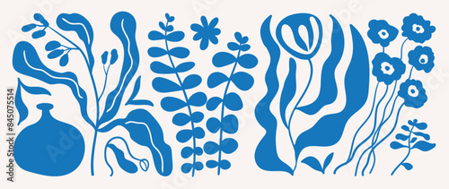 Abstract botanical art background vector. Natural hand drawn pattern design with blue flower, leaves, branches. Simple contemporary illustrated Design for fabric, print, cover, banner, wallpaper.