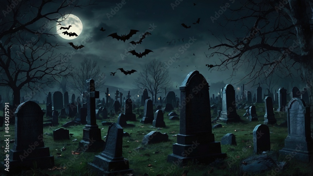 A creepy graveyard at night with old, crooked tombstones, glowing eyes peering from the darkness A creepy graveyard at night with old, crooked tombstones, glowing eyes peering from the darkness