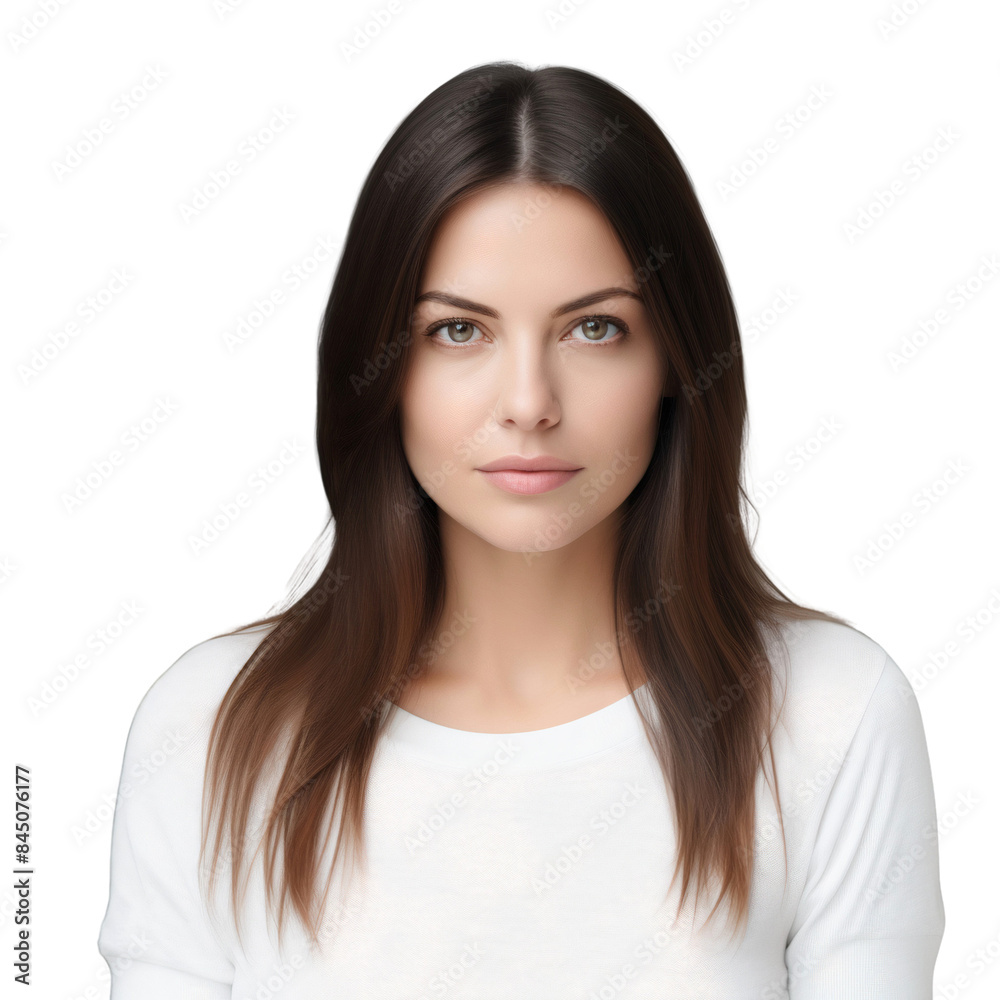 Portrait of a smiling woman wearing casual clothes with long brunette hair, isolated on transparent background Portrait of a smiling woman wearing casual clothes with long brunette hair, isolated on transparent background