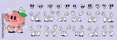 Set of 70s groovy comic faces vector. Collection of cartoon character faces, leg, hand in different emotions happy, angry, sad, cheerful. Cute retro groovy hippie illustration for decorative, sticker.