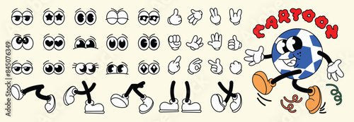 Set of 70s groovy comic faces vector. Collection of cartoon character faces, leg, hand in different emotions happy, angry, sad, cheerful. Cute retro groovy hippie illustration for decorative, sticker.