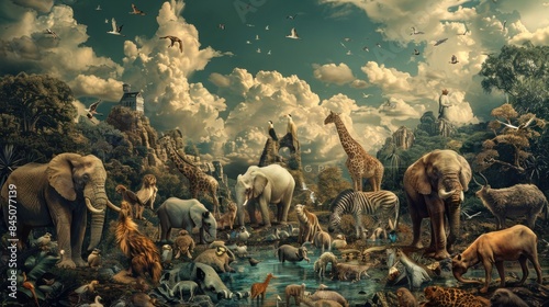 Art Background of Zoo with Many Animal in Pop Surreal Whimsical Abstract
