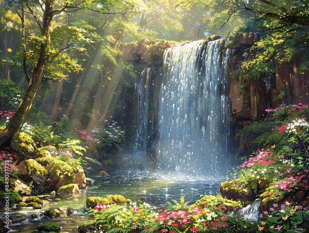 Naklejka premium Majestic Waterfall in the Verdant Rainforest