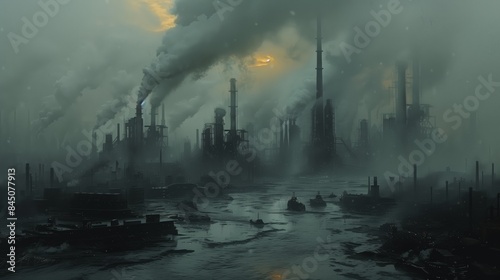 Polluted Industrial Landscape with Smoke Stacks. Dark and foreboding industrial landscape dominated by numerous smoke stacks emitting heavy smoke, creating a gloomy atmosphere.