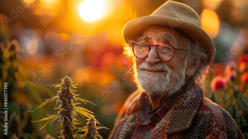 A smiling elderly person cradles a fresh cannabis leaf, exuding tranquility and serenity. The use of CBD in senior health is proving beneficial in reducing rheumatism and pain, promising a pain-free a photo
