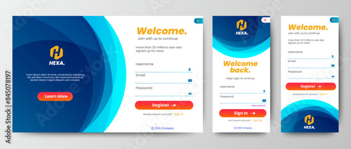 Modern Login form template with blue green color background. Mobile Registration and login forms page. Professional web design, full set of elements. User-friendly design materials. photo