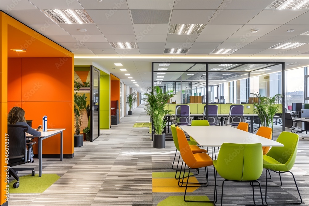 Fototapeta premium A bright, airy office with an open floor plan, featuring collaborative pods, acoustic panels for sound dampening, vibrant accent colors, and a large communal table in the center.