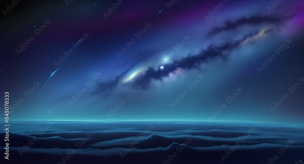 Naklejka premium a cosmic-themed abstract wallpaper with starry patterns, nebulous clouds, and interstellar colors, evoking a sense of wonder and mystery