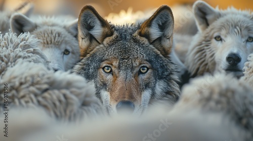 A wolf concealed within the guise of sheep, guiding their path or lurking, anticipating the opportune moment to execute its hidden motives, embodying the concepts of identity and difference, the singu