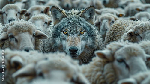 A wolf concealed within the guise of sheep, guiding their path or lurking, anticipating the opportune moment to execute its hidden motives, embodying the concepts of identity and difference, the singu