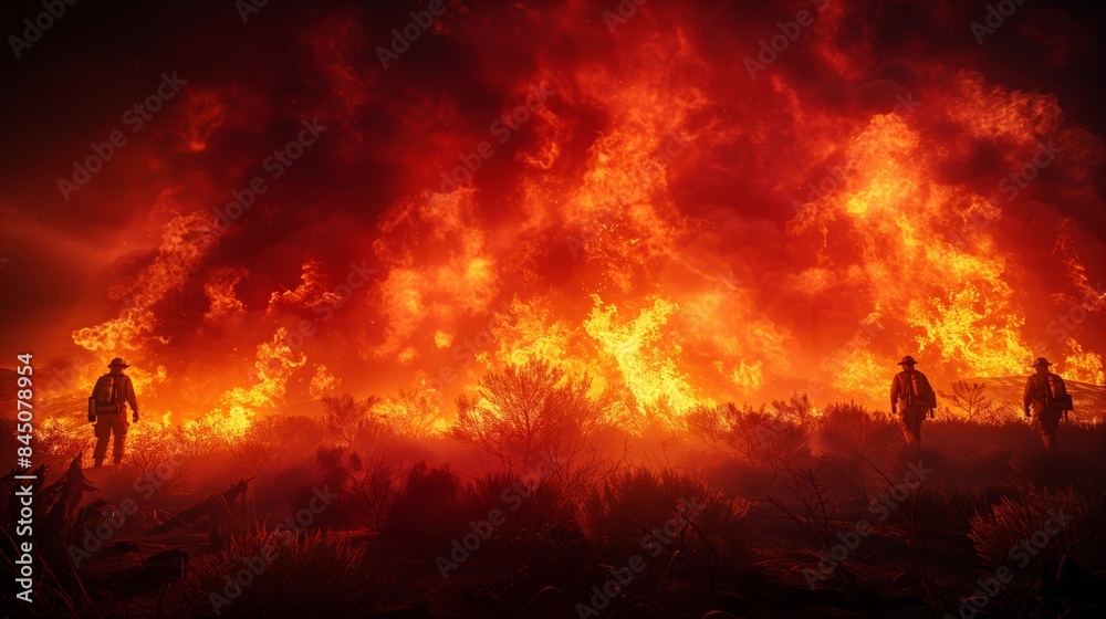 Fototapeta premium Firefighters Against Towering Flames at Night. Silhouetted firefighters stand against towering flames during a massive wildfire at night, creating a dramatic scene.