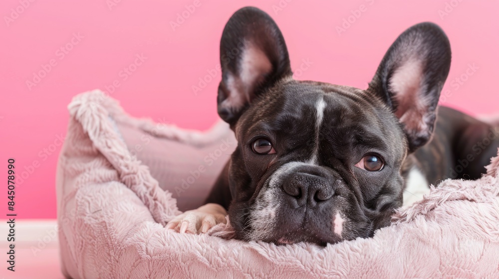 French Bulldog Resting in Dog Bed on Pink Background with Copy Space Cherished Companion French Bulldog Resting in Dog Bed on Pink Background with Copy Space Cherished Companion