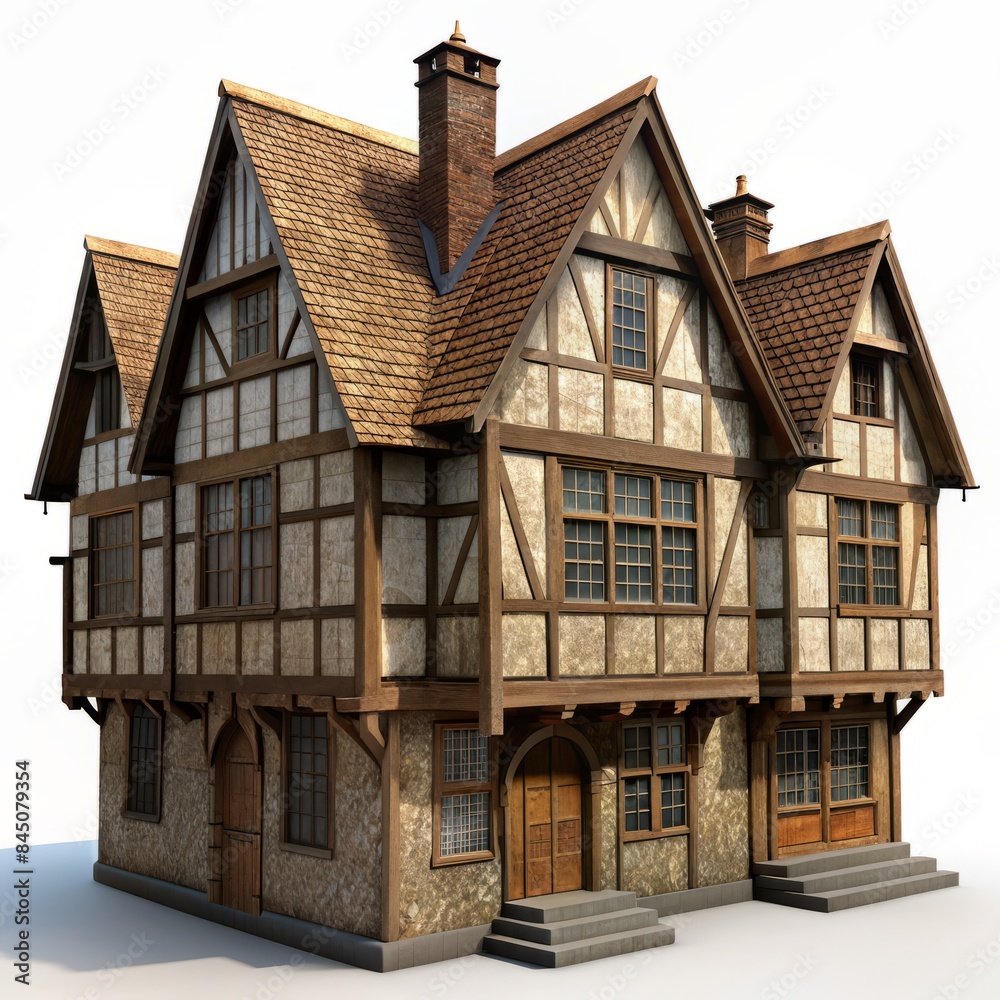 3D Render of a Tudor Manor House, on isolated white background, Generative AI