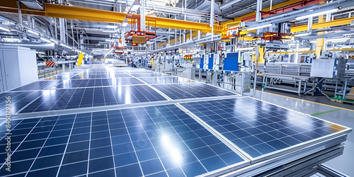 Advanced Solar Panel Production Line ,  Modern Solar Manufacturing Facility, A panoramic view of the entire production line showcasing the scale and complexity of the operations