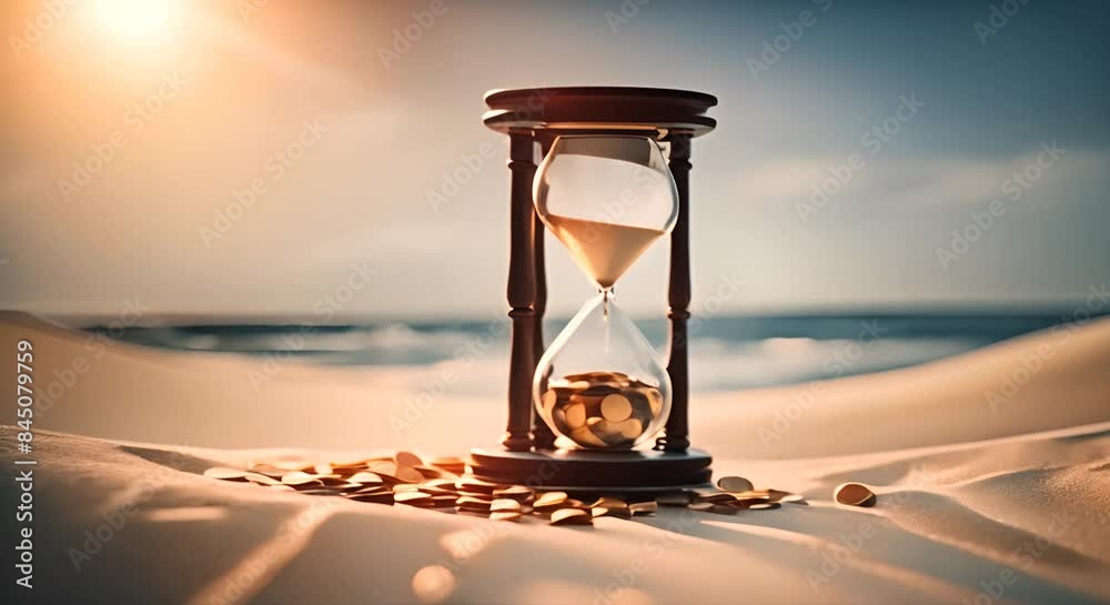 Minimalist hourglass with coins instead of sand running out. The concept of fleeting wealth
