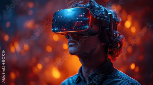 A youthful individual adorned with a virtual reality headset engages with holographic imagery within a hypermodern virtual realm, embodying the promise of technological advancement and cybernetic inno photo