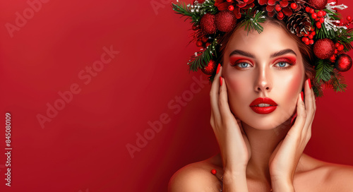 Beautiful woman with a Christmas wreath on her head and decorations, posing against a festive background.