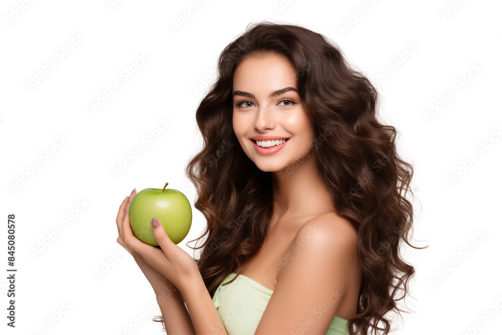 Cheerful smiling young woman holding a green apple, isolated on transparent background Cheerful smiling young woman holding a green apple, isolated on transparent background