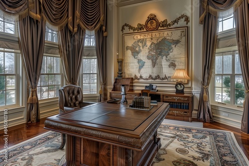 An executive office with a large mahogany desk  a luxurious leather blotter  an antique map on the wall  floor-to-ceiling windows with heavy drapes  and a cozy reading nook in the corner.