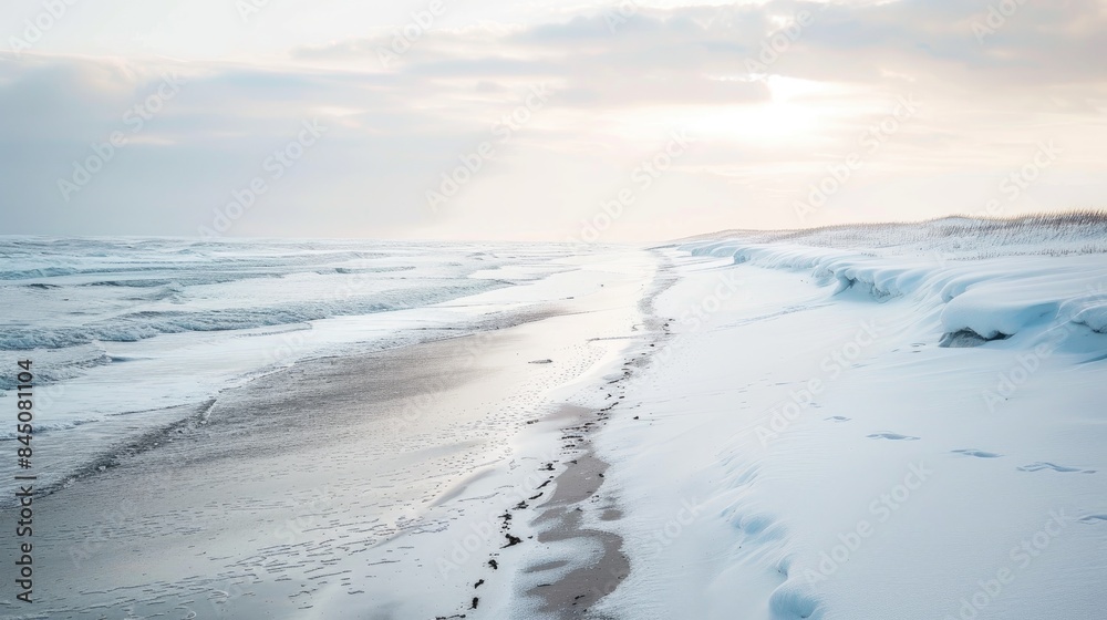Snowy Beach in Winter Serene Shore with Gentle Sea and Soft Light Tones Snowy Beach in Winter Serene Shore with Gentle Sea and Soft Light Tones