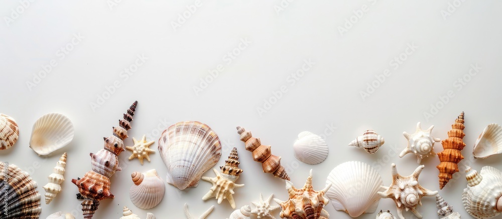 Obraz premium Shell Variety on White Background: Nature-Inspired Marine Setting with Space for Text.