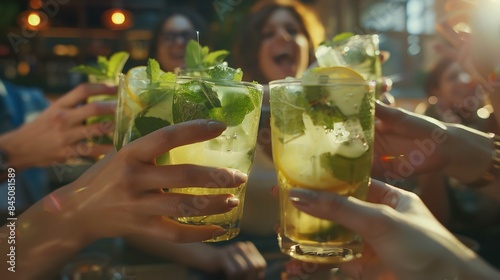 Close-Up of Friends Group Cheering Mojito Drinks at Ba