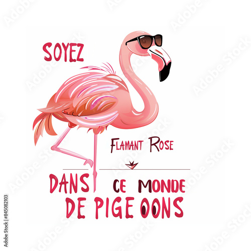 flamant rose unique avec des lunettes de soleil texte en français 