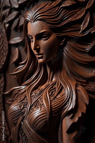 Wooden sculpture of a woman with brown hair on a dark background