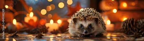 Adorable hedgehog surrounded by autumn leaves and warm lights, creating a cozy and festive fall atmosphere. photo