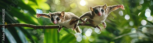 Flying squirrels leaping from a branch in a lush tropical forest, sunlight streaming through the leaves, showcasing their gliding ability.