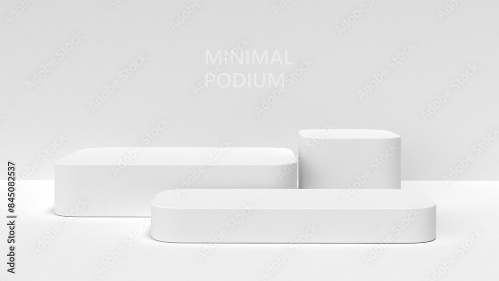 Abstract white 3D room with realistic white cylinder pedestal podium set and palm leaf shadow overlay. Minimal scene for product display presentation. Geometric platform. Stage for showcase. Abstract white 3D room with realistic white cylinder pedestal podium set and palm leaf shadow overlay. Minimal scene for product display presentation. Geometric platform. Stage for showcase.