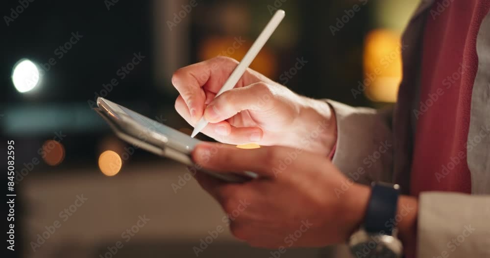 Tablet, pen and hands of business person online for research, design or startup project deadline at night. Digital, technology and creative graphic designer on app for drawing, art or development