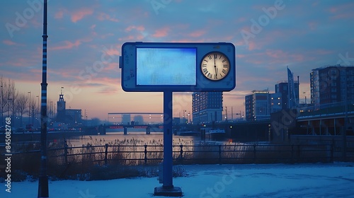 Distance sign and clock, A blue traffic sign board of Amsterdam and a blue public clock, 11754 km from Amsterdam photo