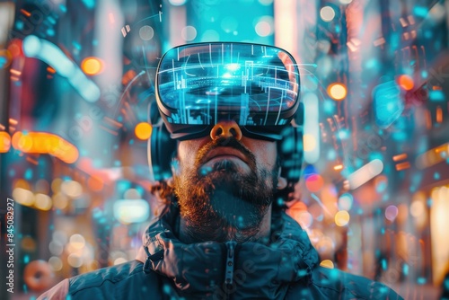 A man wearing a VR headset is looking at a cityscape © Worawee