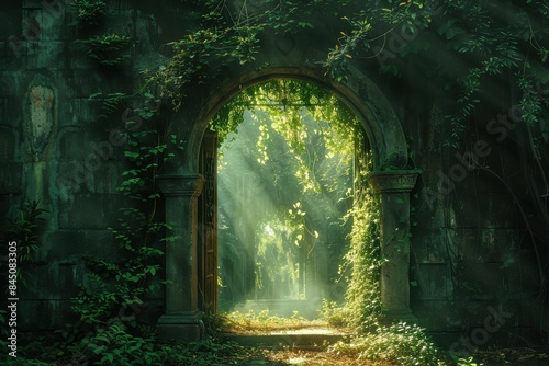 A forest with a large archway leading to a mysterious place