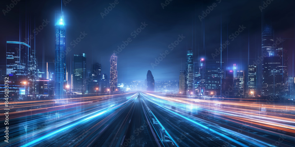 Fototapeta premium Futuristic Urban Cityscape at Night with Glowing Light Trails, High-Tech Metropolis Skyline, Smart City Concept, Digital Transportation Network View