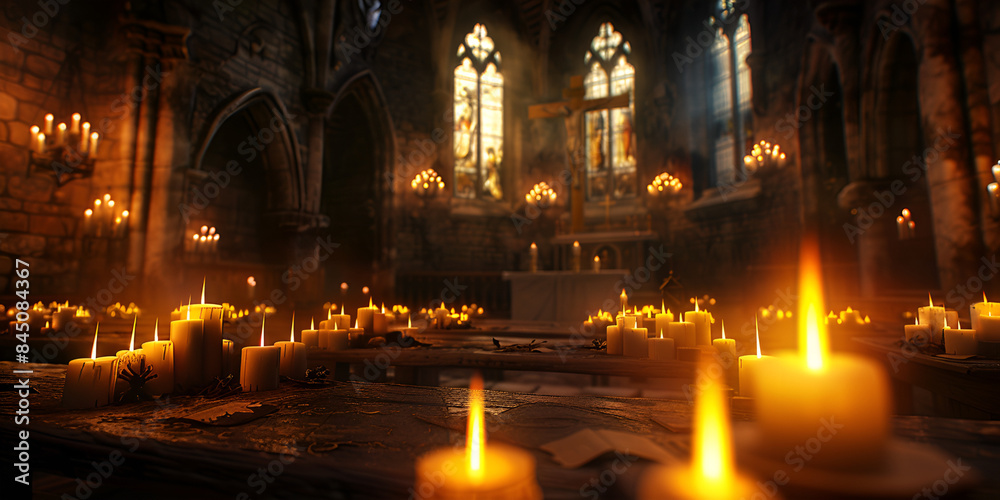 Candles lit up in a church, illuminating the sacred space.
Candles lit up in a church, illuminating the sacred space.